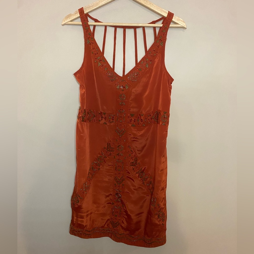 Ecote Orange Beaded Embroidered Sleeveless Mini Slip Dress w/ Strappy Back